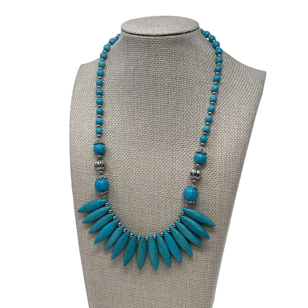 Faux Turquoise Beaded Statement Necklace Silver Tone Southwestern Boho 18"-21"